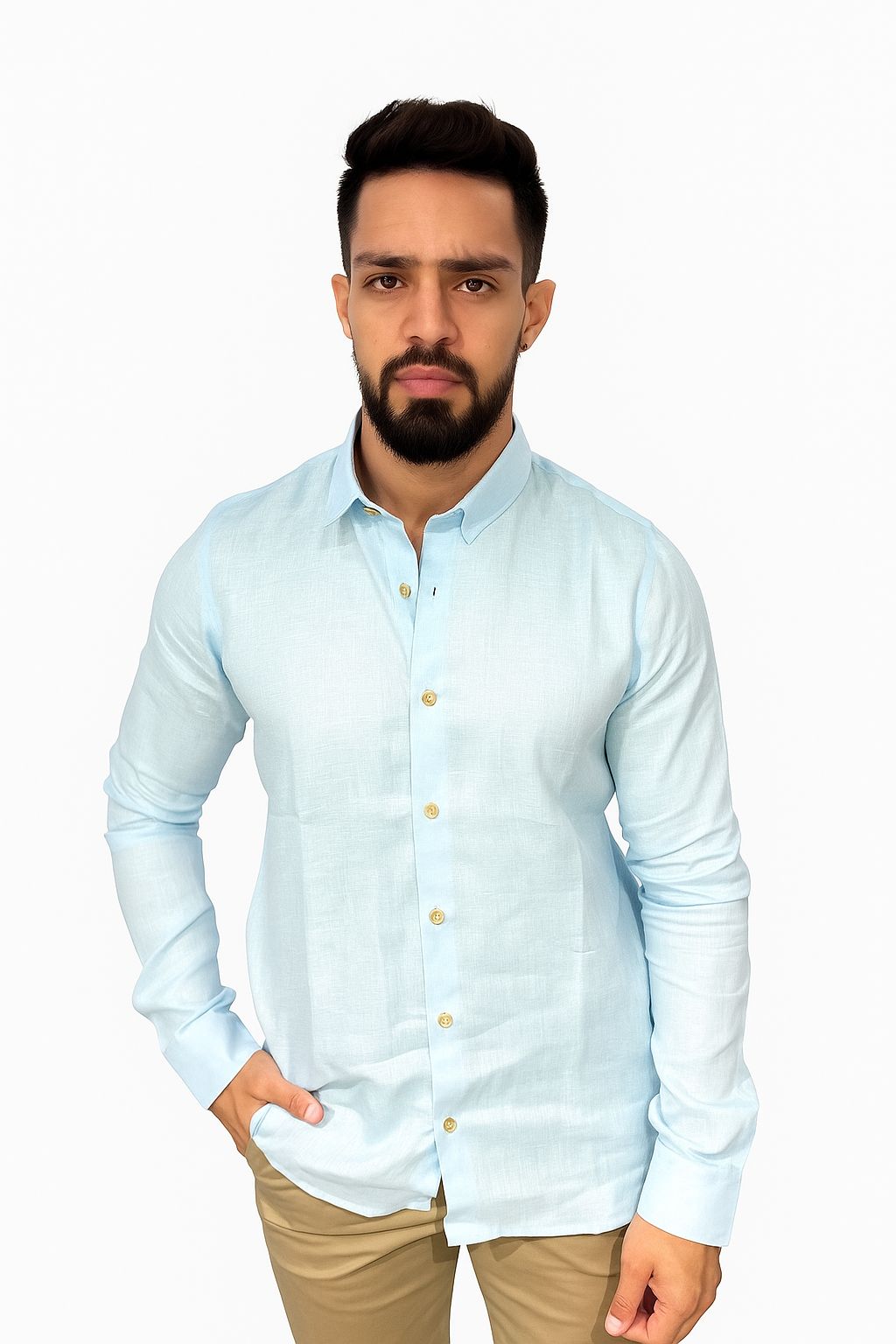 Camisa manga larga en lino azul