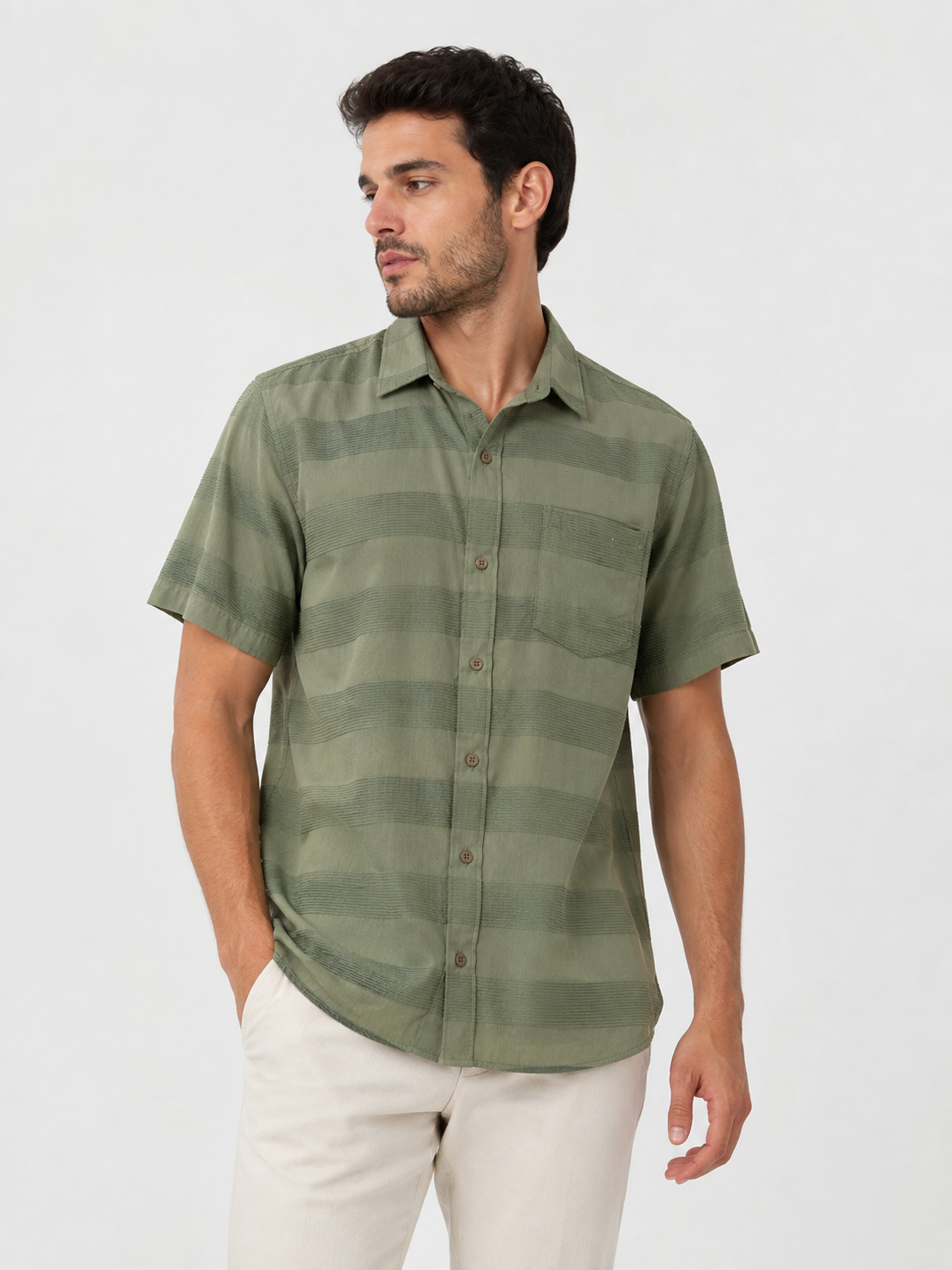 CAMISA EN LINO RAYADO VERDE