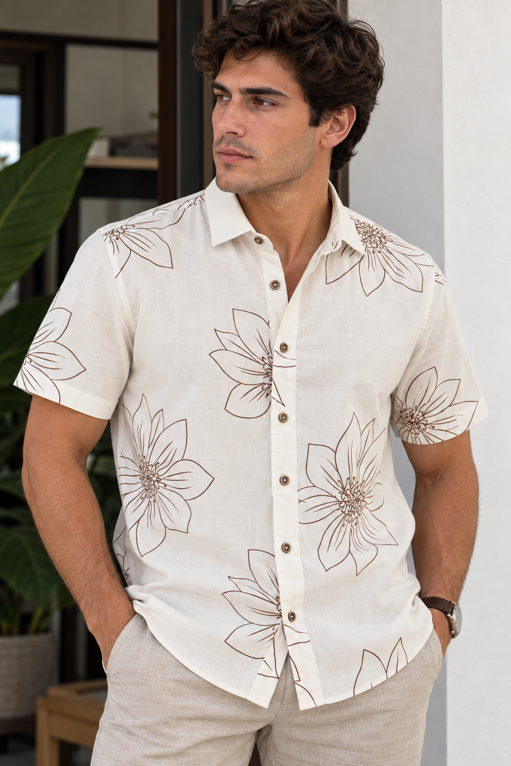 CAMISA LINO FLORAL IVORY