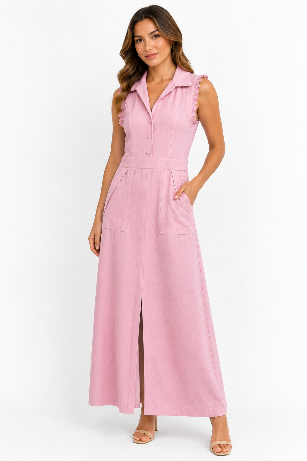 VESTIDO MAXI ROSA CON VOLANTES