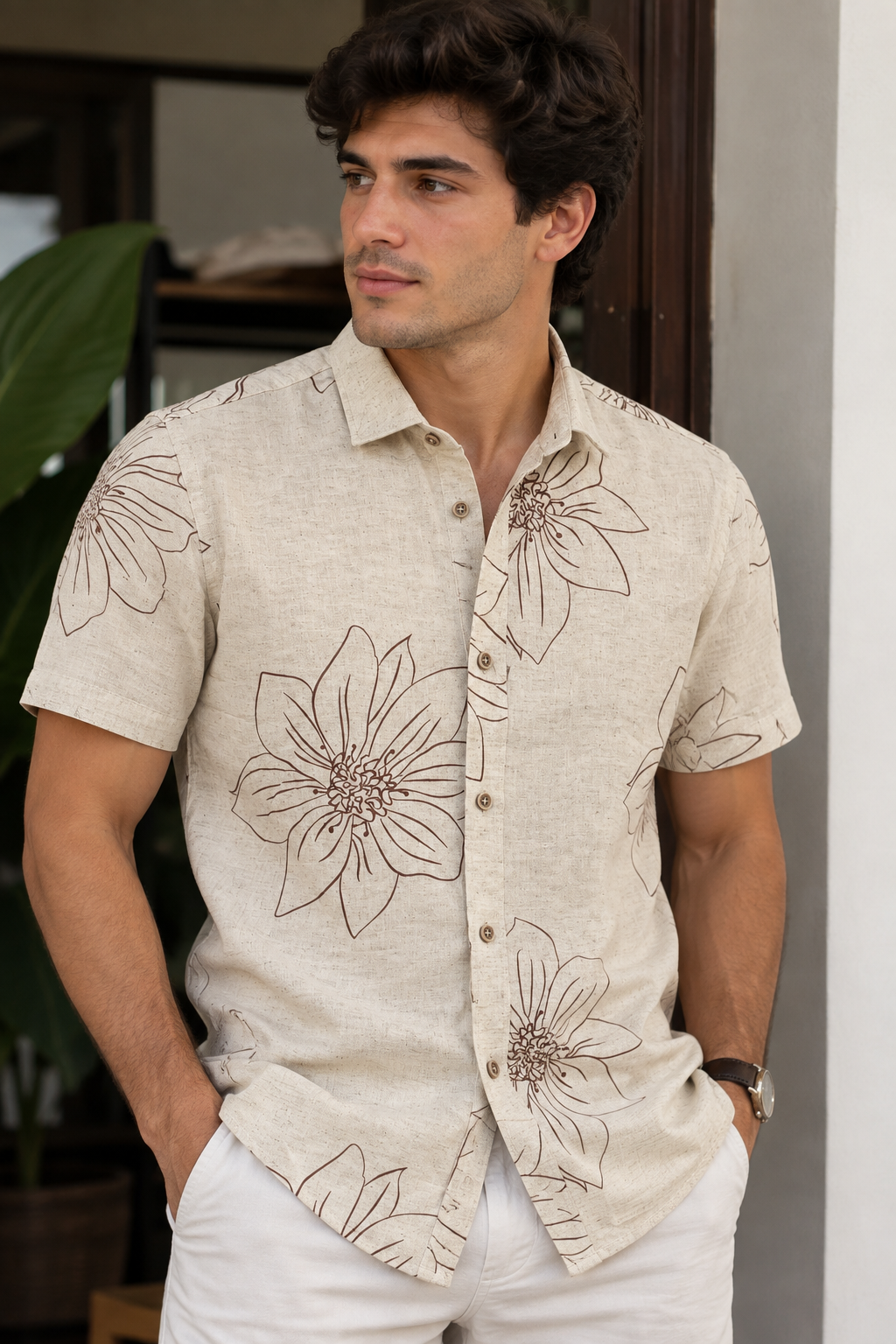 CAMISA LINO FLORAL AVENA
