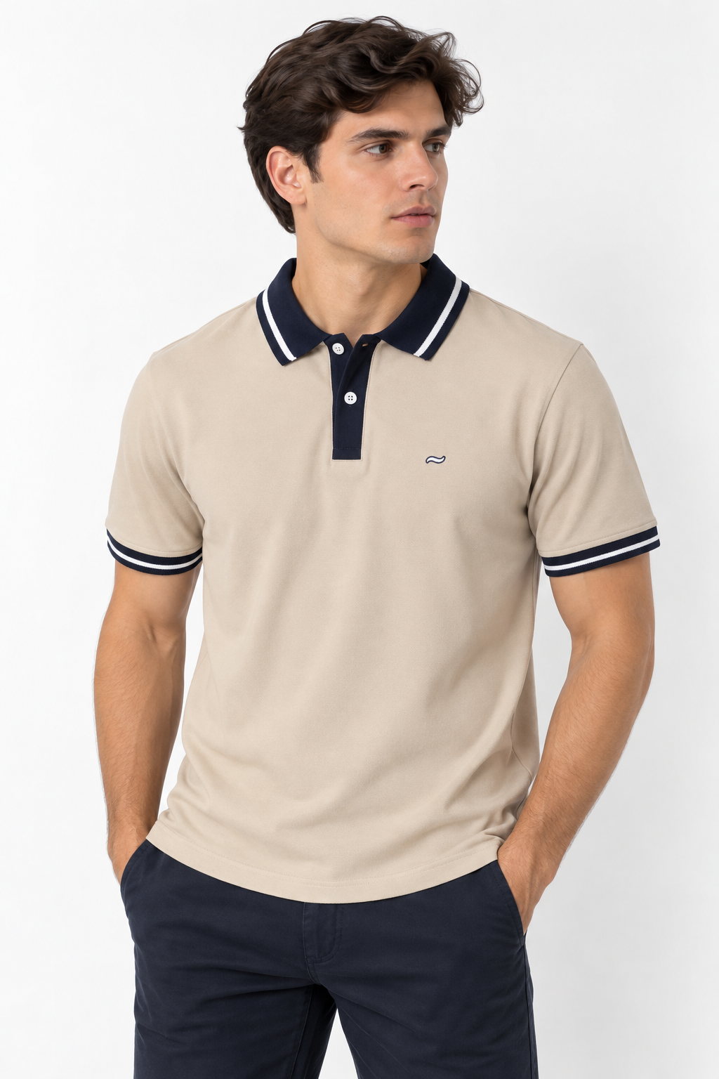 CAMISETA TIPO POLO BEIGE/AZUL OSCURO