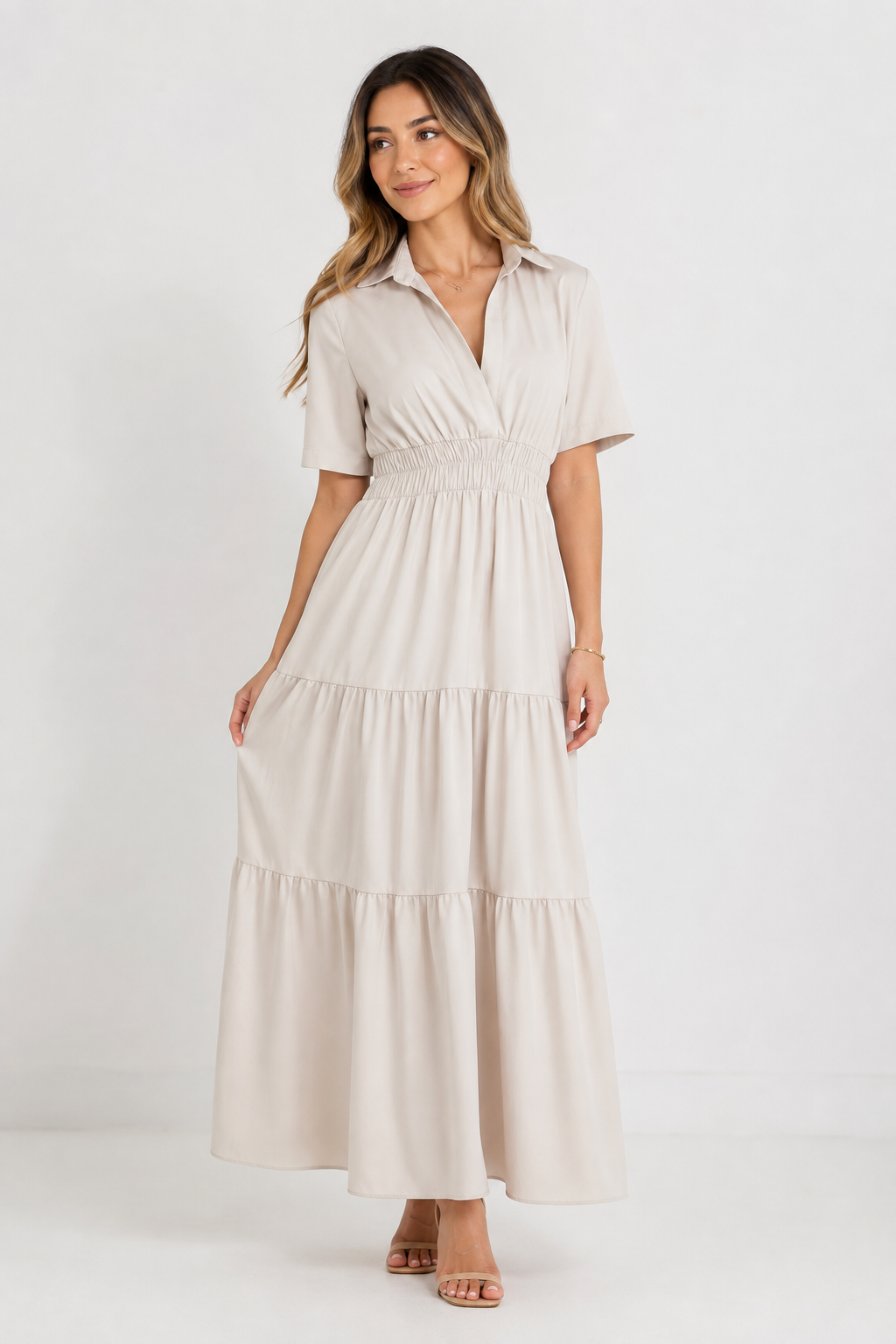 VESTIDO MAXI BEIGE DE SILUETA