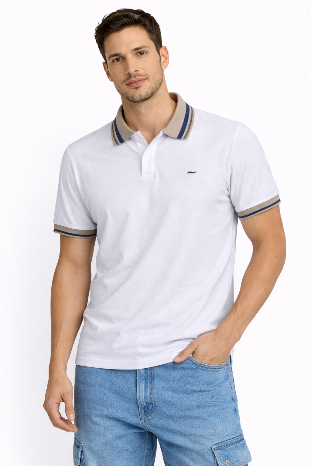CAMISETA TIPO POLO BLANCO/RAYA AZUL