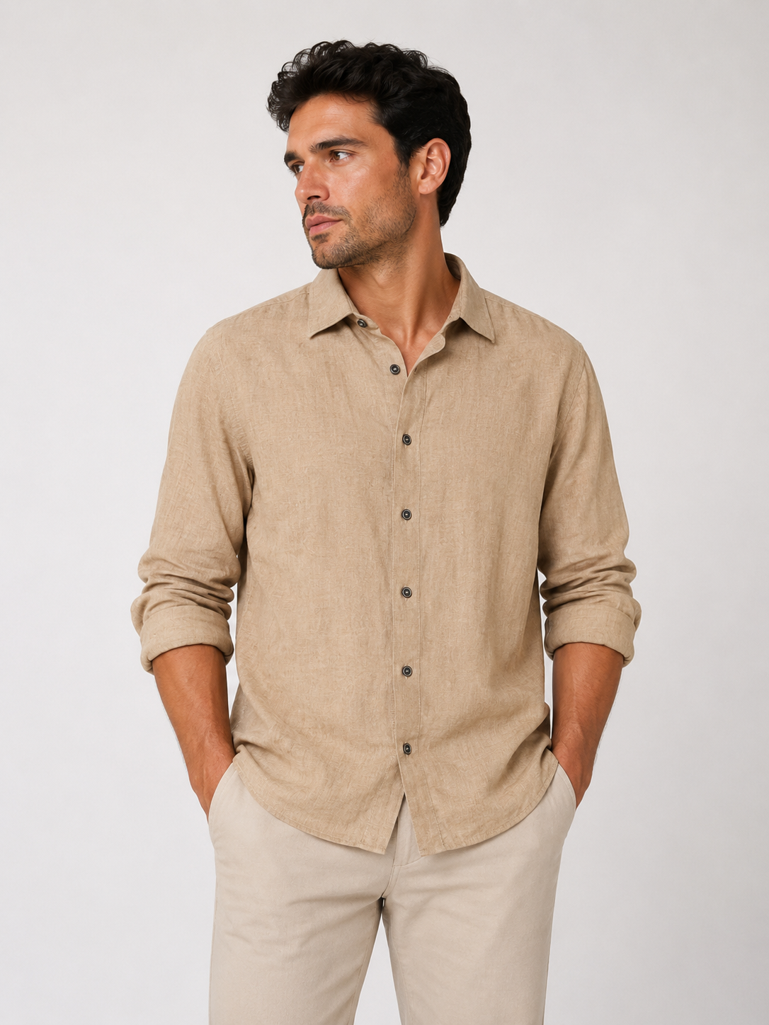 CAMISA MANGA LARGA DE LINO BEIGE