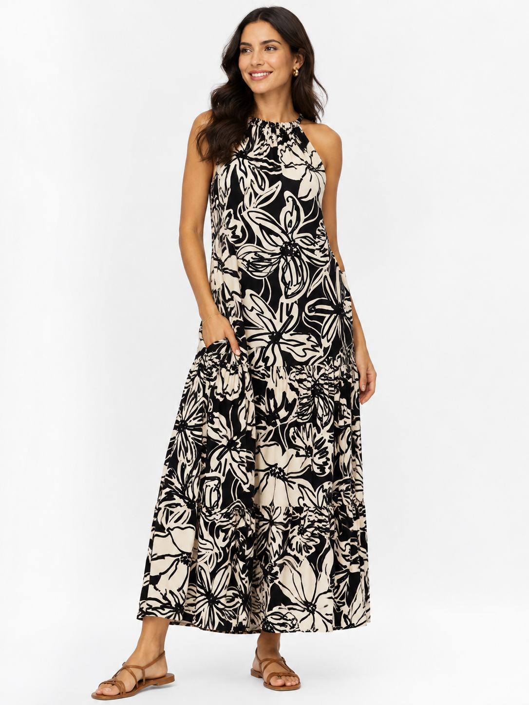 VESTIDO MAXI FLORAL BLANCO NEGRO