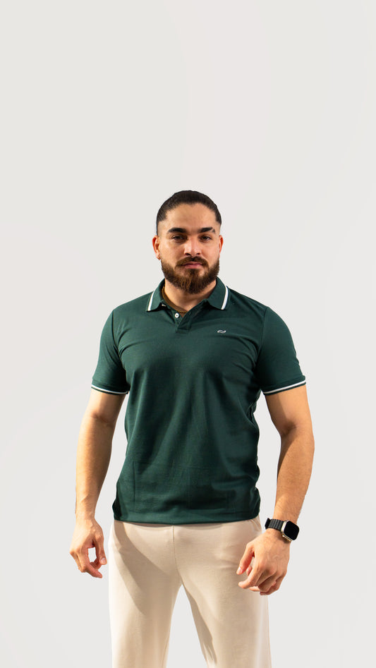 CAMISETA TIPO POLO  VERDE RAYA BLANCA.