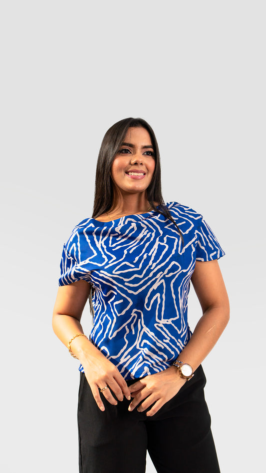 BLUSA DE DAMA CAÑAMO AZUL ESTAMPADA