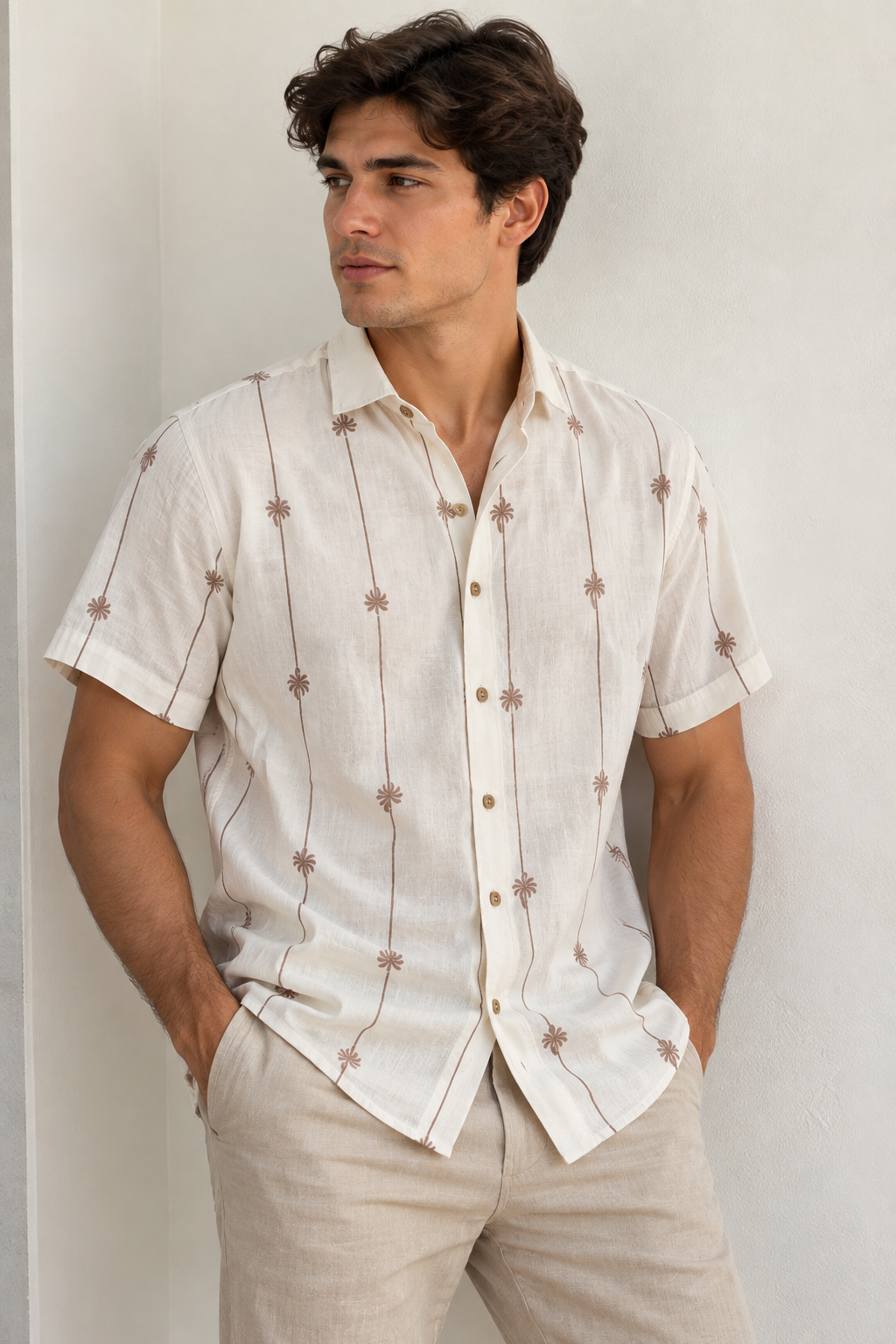 CAMISA LINO PALMERAS VINO
