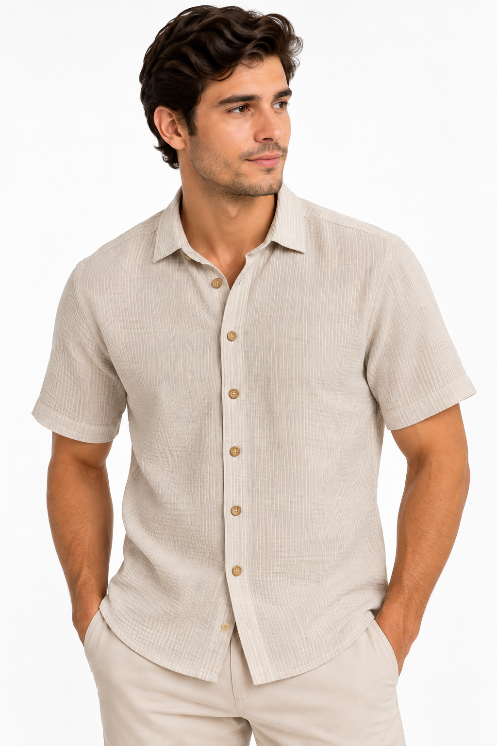 CAMISA BEIGE A RAYAS
