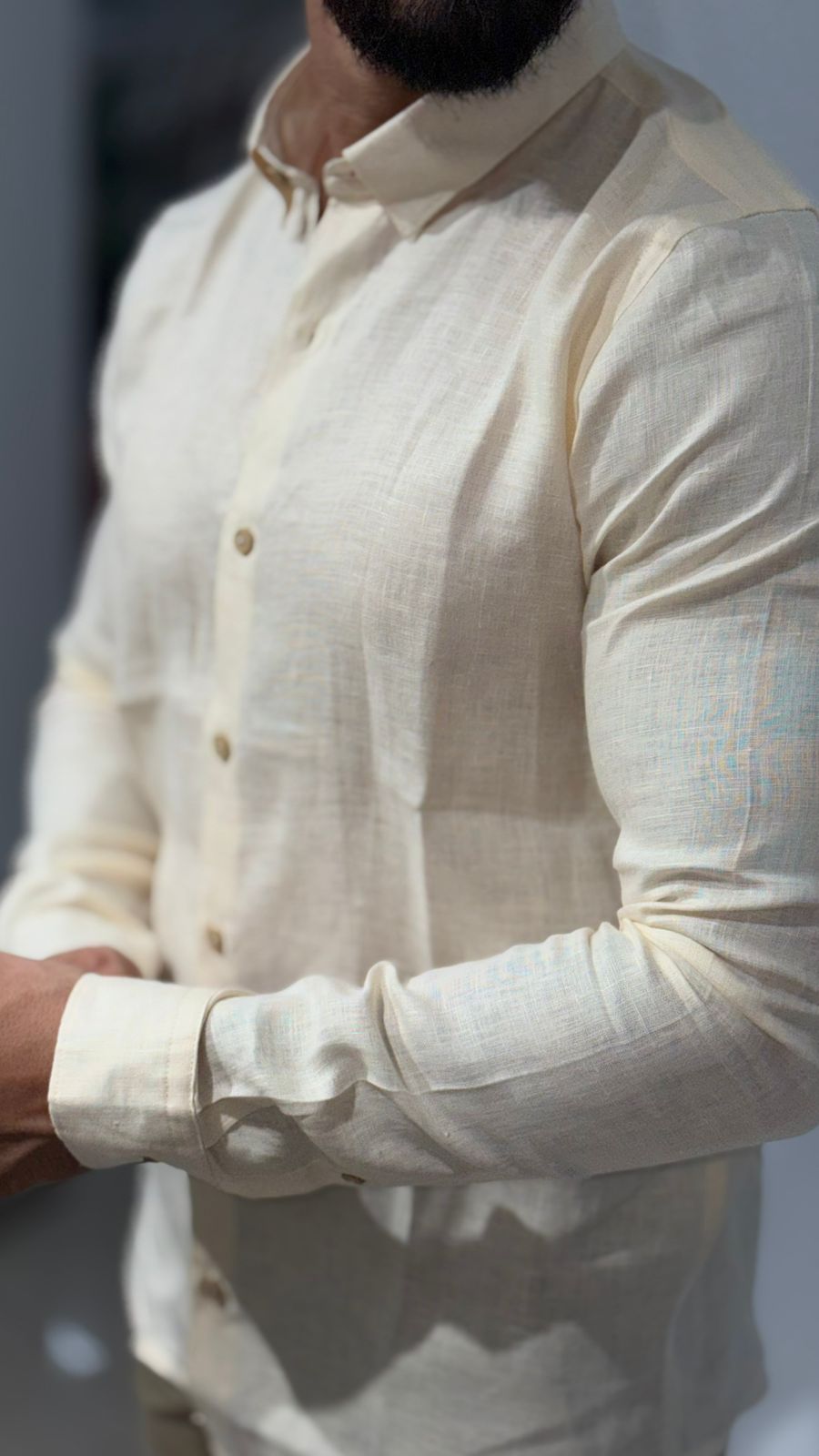 Camisa maga larga en lino amarillo