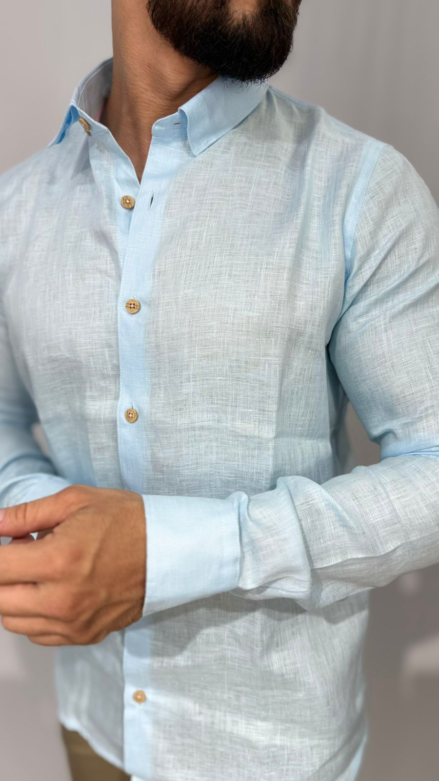 Camisa manga larga en lino azul